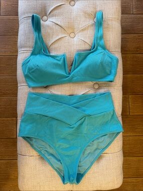 aerie Light Teal High-Waisted Bikini Bottoms and Scoop Top